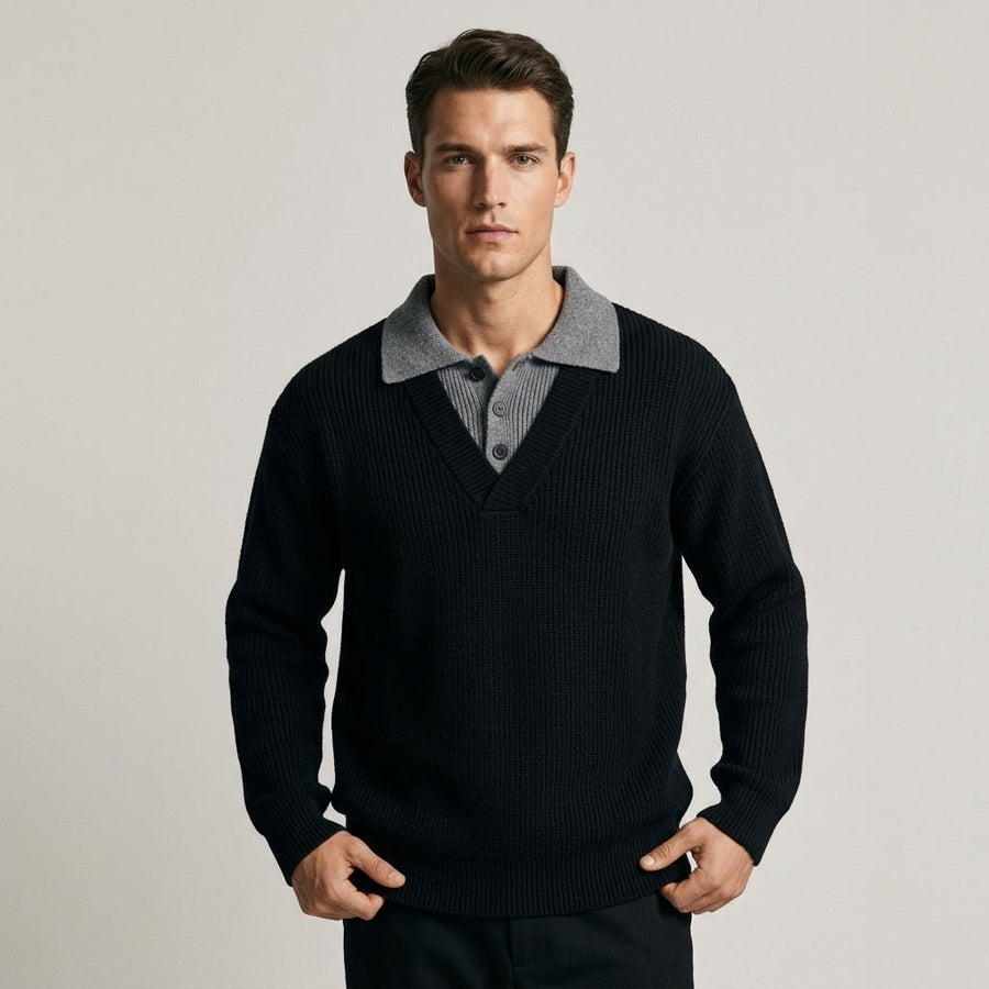 Weston Ribbed Polo Sweater in Charcoal