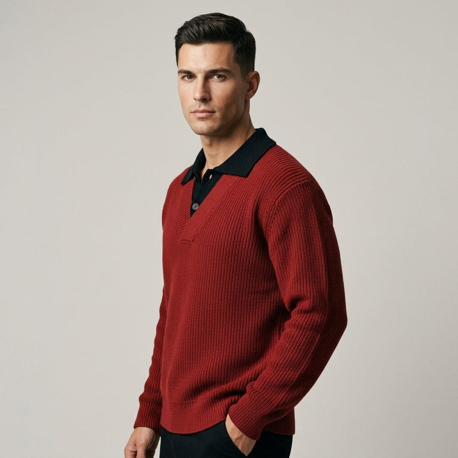 Weston Ribbed Polo Sweater in Crimson
