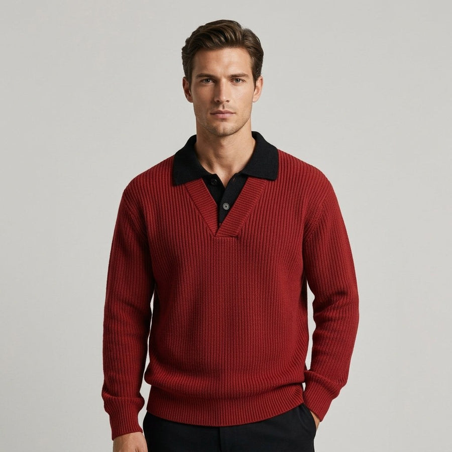 Weston Ribbed Polo Sweater in Crimson