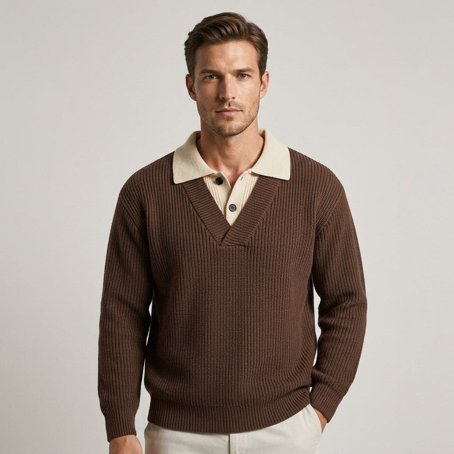 Weston Ribbed Polo Sweater in Sienna Brown
