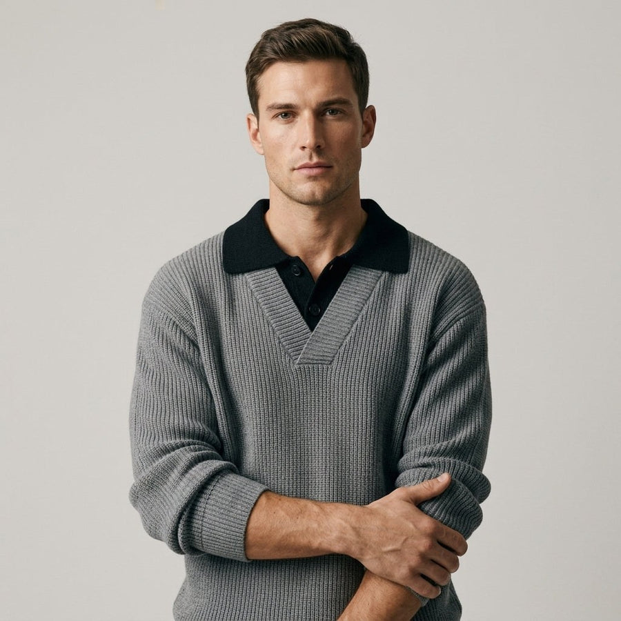 Weston Ribbed Polo Sweater in Slate Gray