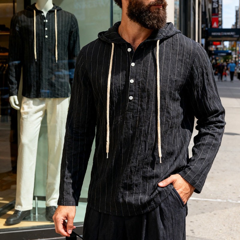 Wiebe Linen Blend Shirt with Button Front and Hood in Black