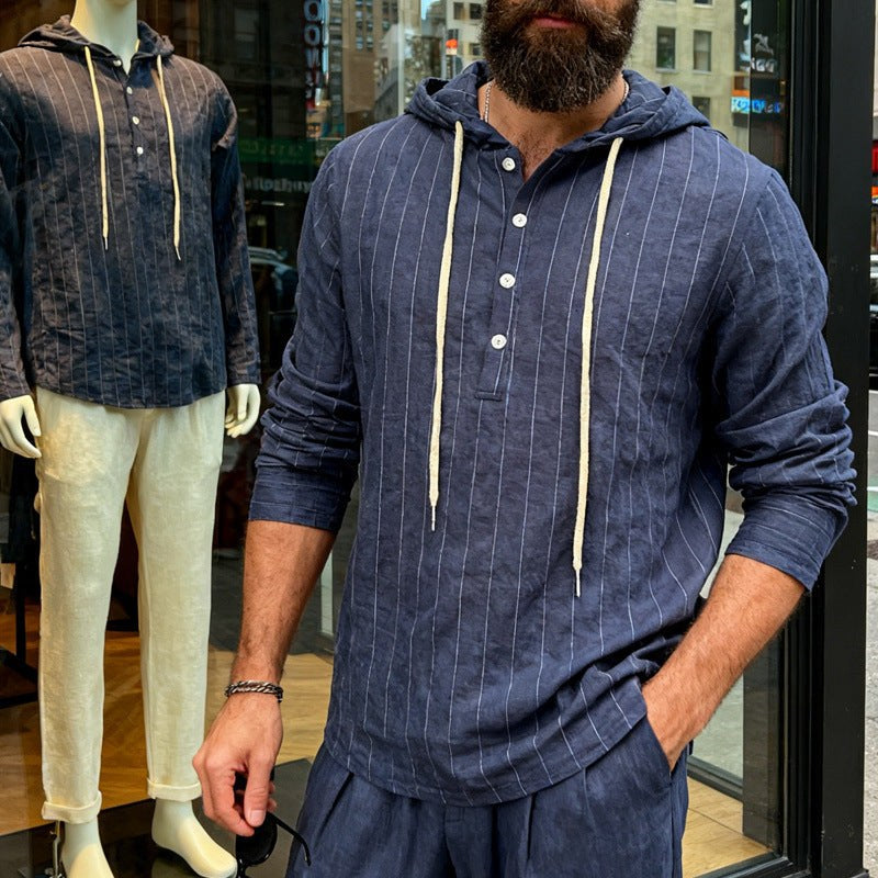 Wiebe Linen Blend Shirt with Button Front and Hood in Blue