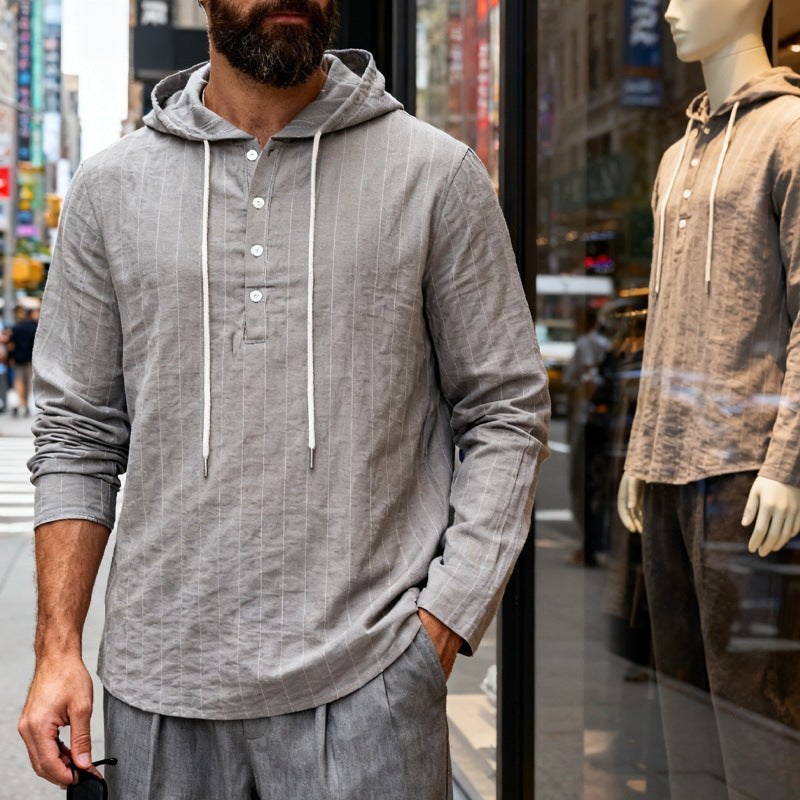 Wiebe Linen Blend Shirt with Button Front and Hood in Grey
