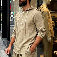 Wiebe Linen Blend Shirt with Button Front and Hood in Khaki