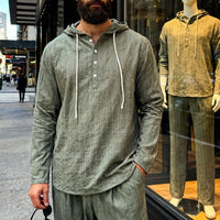 Wiebe Linen Blend Shirt with Button Front and Hood in Olive Green