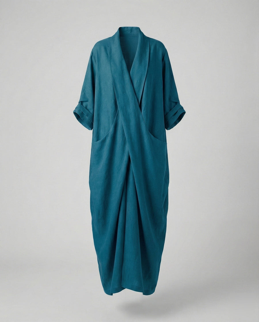 Wilhelmina Linen Dress with Oversized in Blue