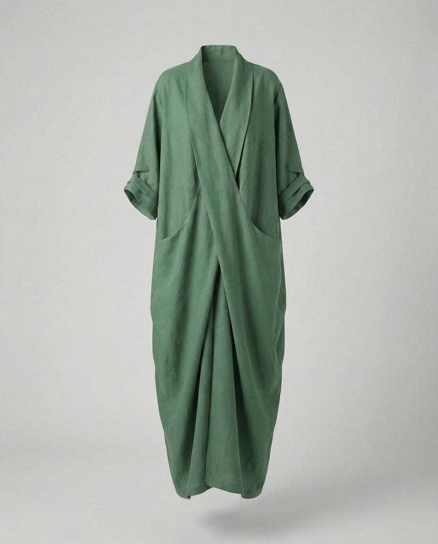 Wilhelmina Linen Dress with Oversized in Green
