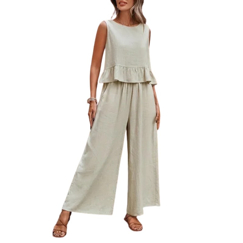 Willow Women's 2 Piece Ruffle Hem Tank Top and Wide Leg Trousers in Beige
