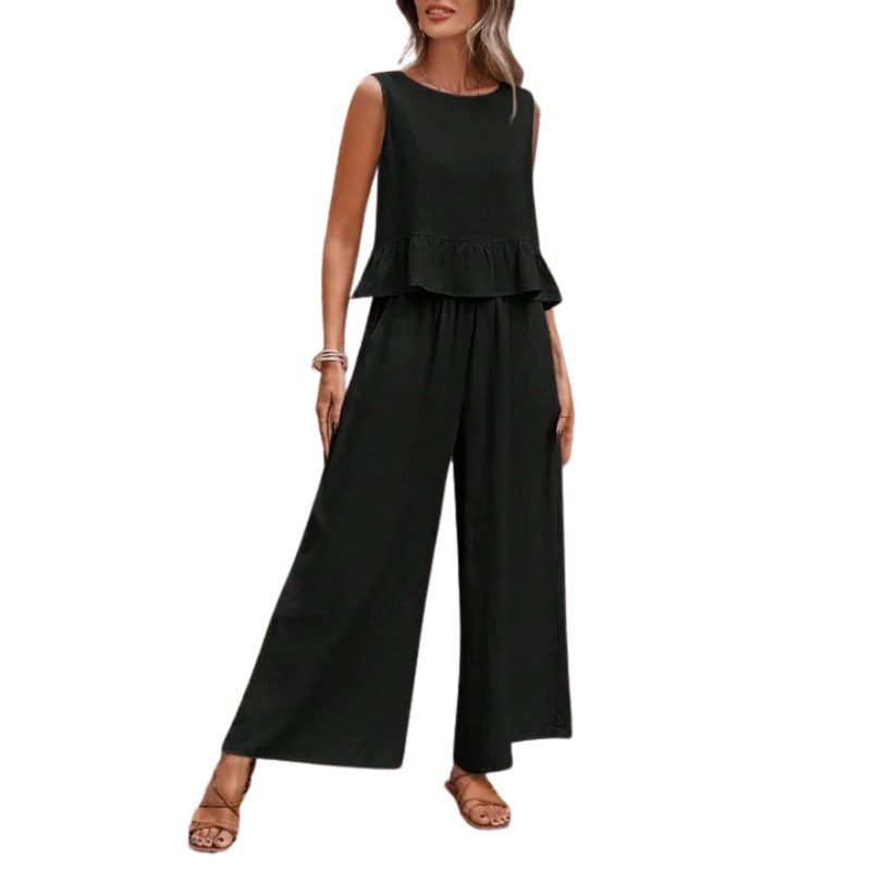 Willow Women's 2 Piece Ruffle Hem Tank Top and Wide Leg Trousers in Black