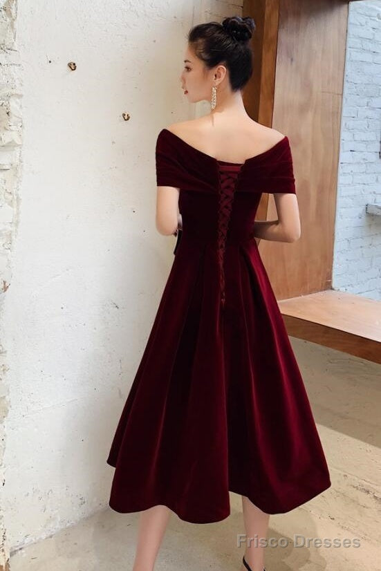 Velvet Tea Length Chic Off Shoulder Party Dress Prom Dresses