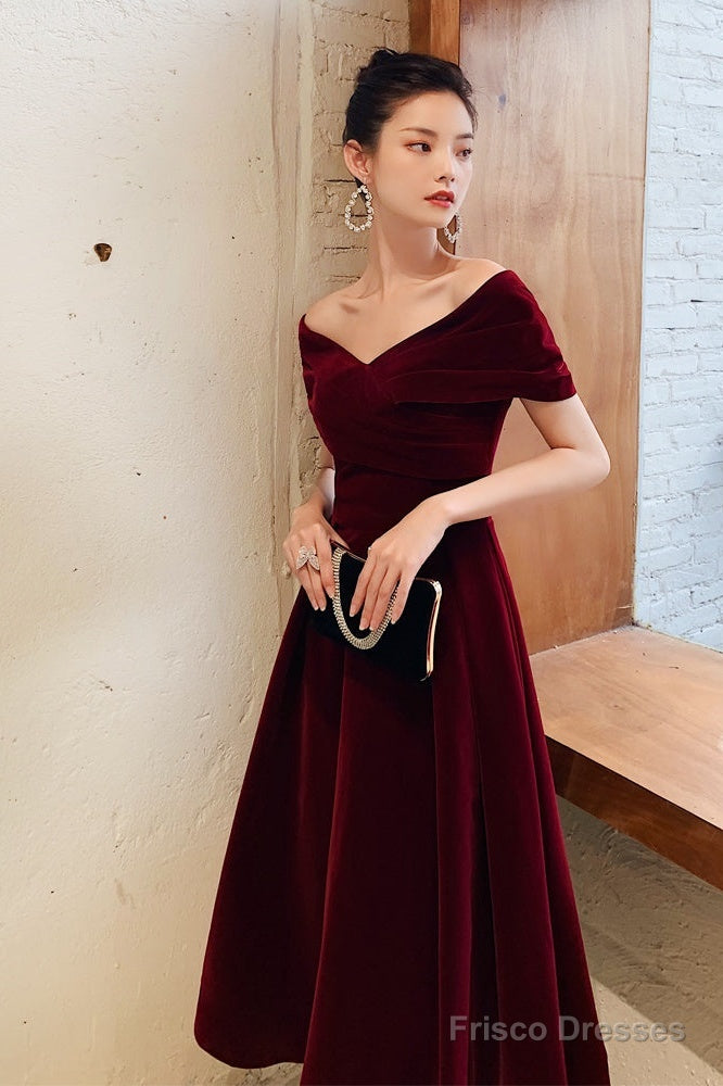 Rose Velvet Tea Velvet Tea Length Chic Off Shoulder Party Dress Prom Dresses