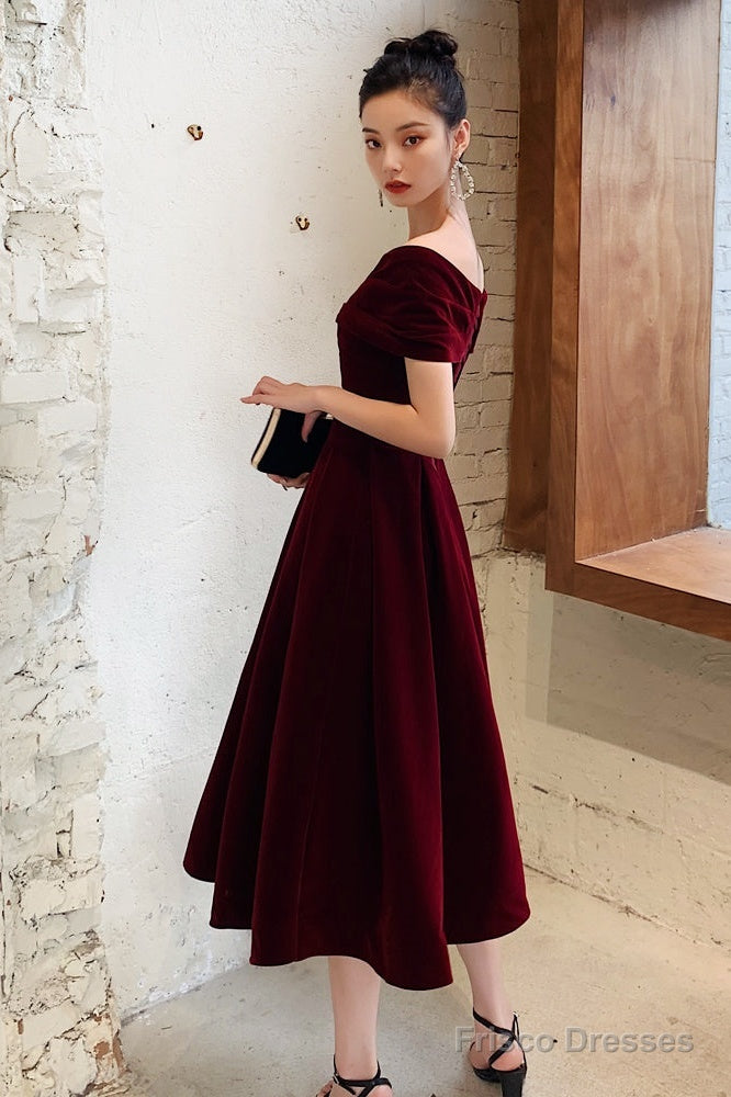 Velvet Tea Length Chic Off Shoulder Party Dress Prom Dresses