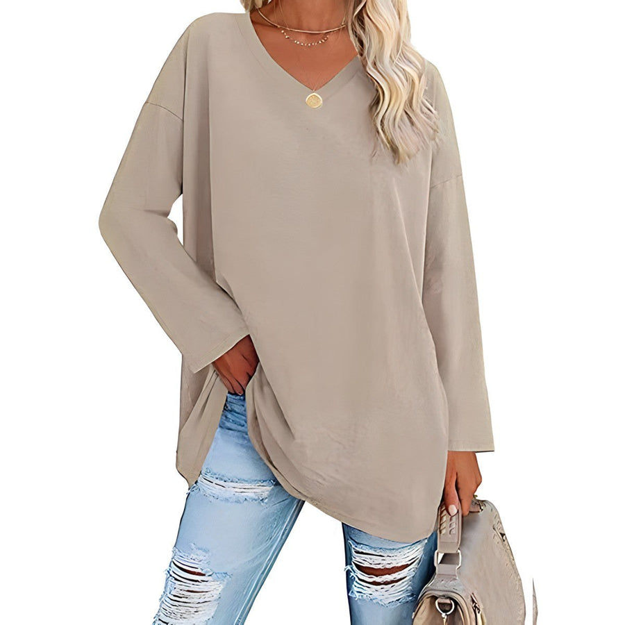 Winifred Women's V-Neck Long Sleeve Tunic in Beige