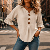 Winslow Women's Button-Front Ruffle Sleeve Blouse in Beige