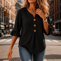 Winslow Women's Button-Front Ruffle Sleeve Blouse in Black