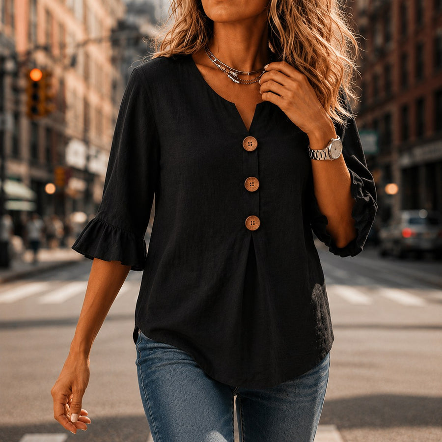 Winslow Women's Button-Front Ruffle Sleeve Blouse in Black
