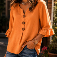 Winslow Women's Button-Front Ruffle Sleeve Blouse in Light blue