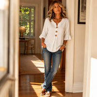 Winslow Women's Button-Front Ruffle Sleeve Blouse in Light blue