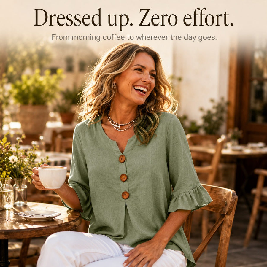 Winslow Women's Button-Front Ruffle Sleeve Blouse in Light blue
