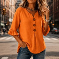 Winslow Women's Button-Front Ruffle Sleeve Blouse in Orange