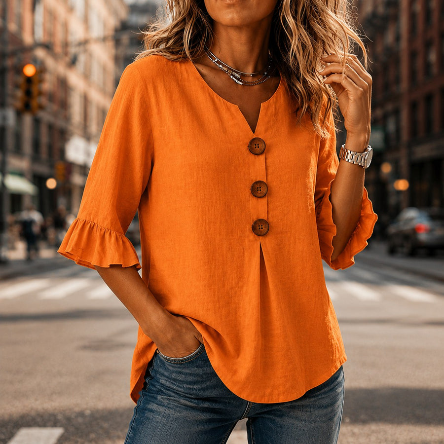 Winslow Women's Button-Front Ruffle Sleeve Blouse in Orange