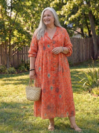 Wisteria Women's Floral 3/4 Sleeve Maxi Dress in Orange