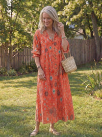 Wisteria Women's Floral 3/4 Sleeve Maxi Dress in Orange