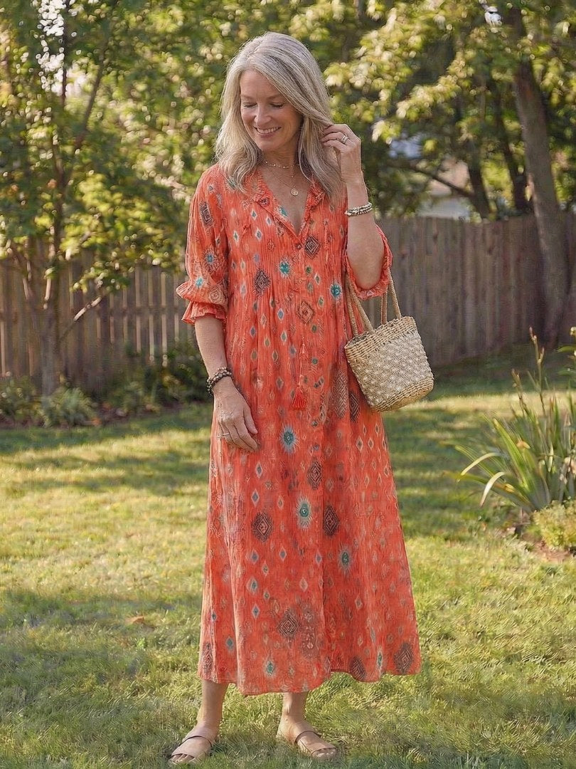 Wisteria Women's Floral 3/4 Sleeve Maxi Dress in Orange