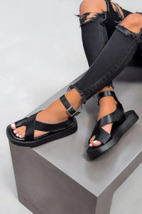 Women's Platform Sandals with Criss-Cross Straps and Ankle Buckle in Beige