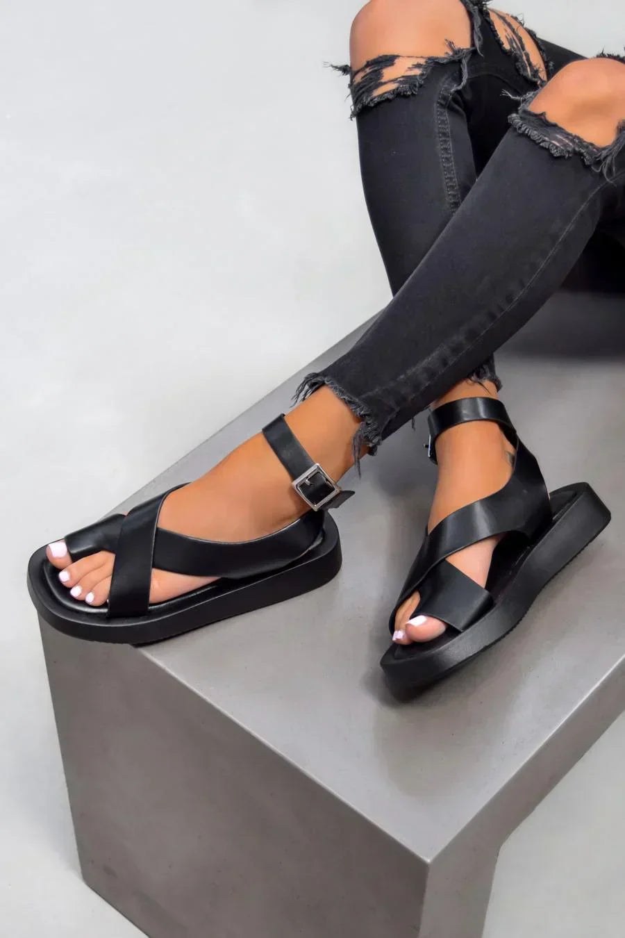 Women's Platform Sandals with Criss-Cross Straps and Ankle Buckle in Beige