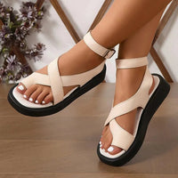 Women's Platform Sandals with Criss-Cross Straps and Ankle Buckle in Beige