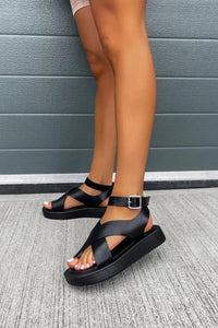 Women's Platform Sandals with Criss-Cross Straps and Ankle Buckle in Black