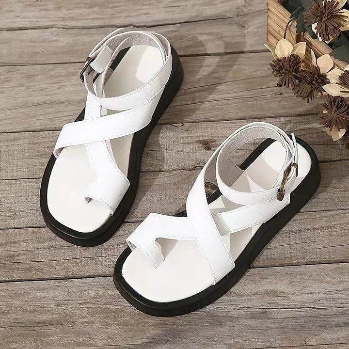 Women's Platform Sandals with Criss-Cross Straps and Ankle Buckle in White