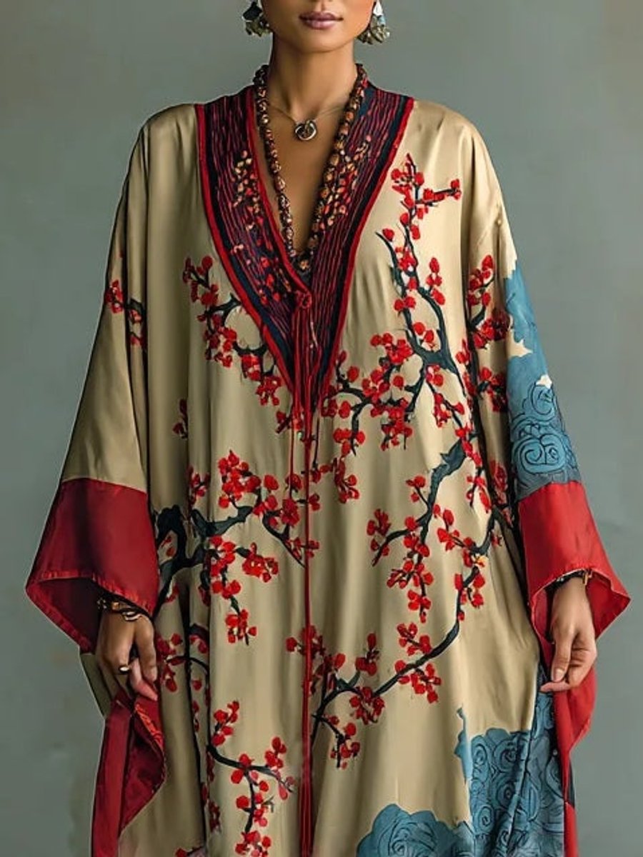 Freya | Women's Batwing Sleeve Floral Maxi Long Sleeve Dress Japanese Print
