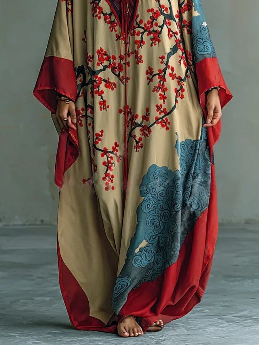 Freya | Women's Batwing Sleeve Floral Maxi Long Sleeve Dress Japanese Print