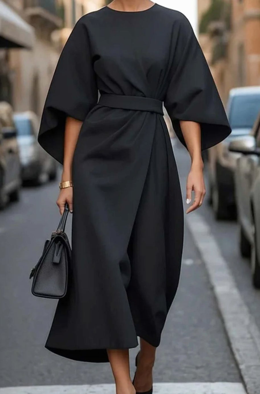 Florence | Women's Belted Kimono-Sleeve Midi Elegant Dress