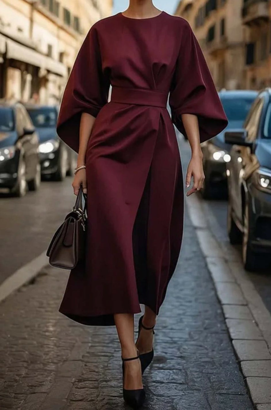 Florence | Women's Belted Kimono-Sleeve Midi Elegant Dress