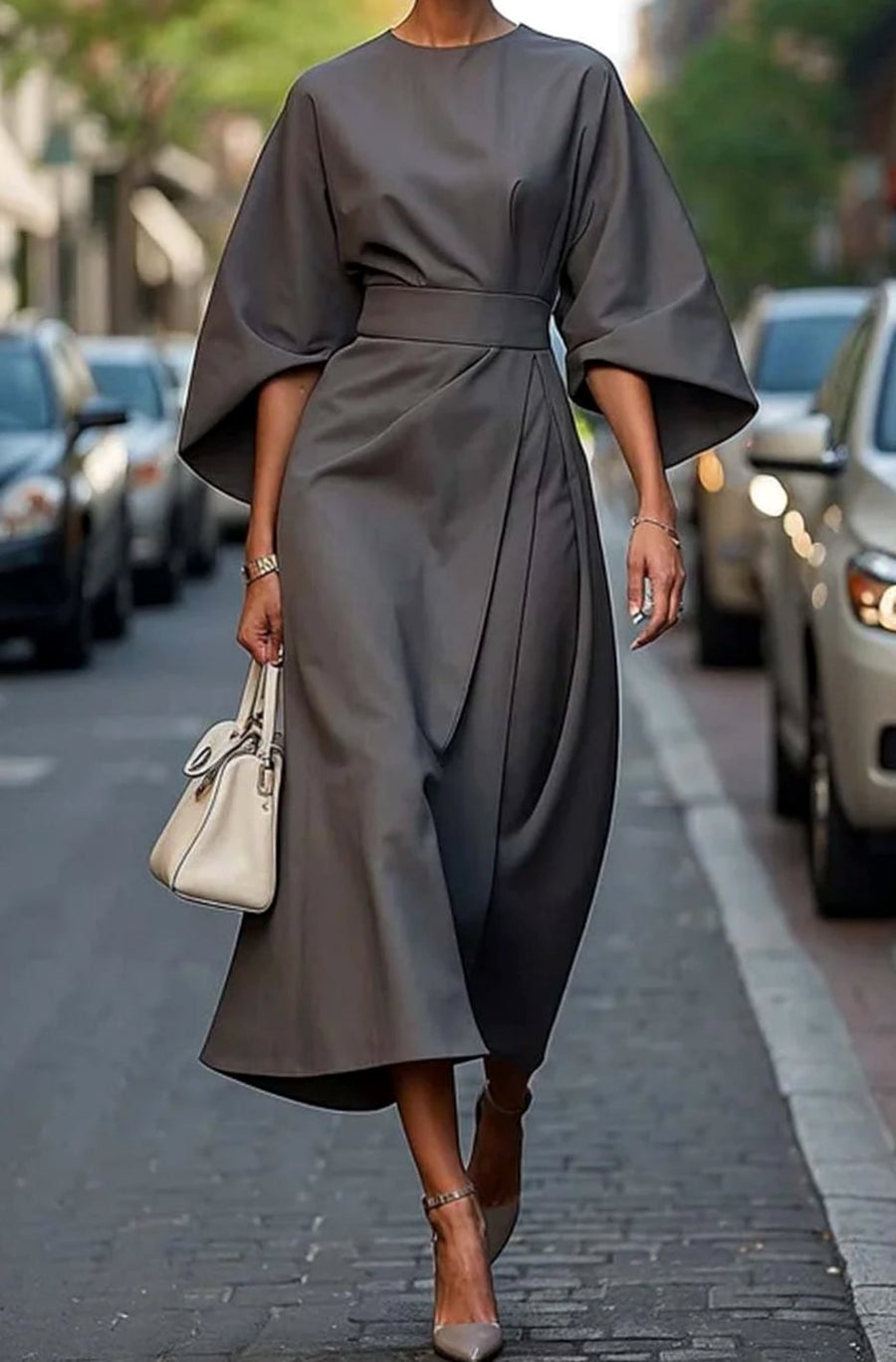 Florence | Women's Belted Kimono-Sleeve Midi Elegant Dress