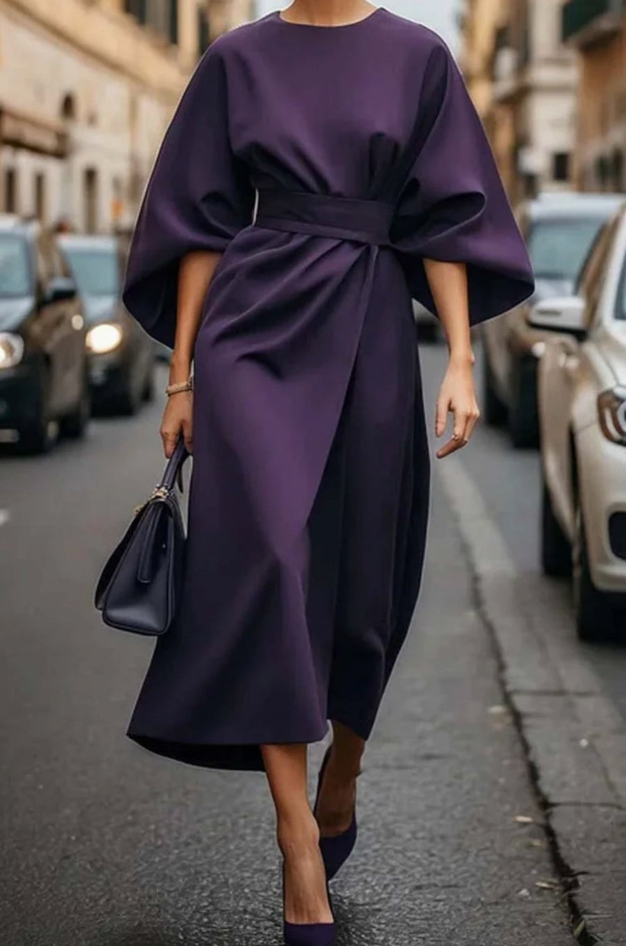 Florence | Women's Belted Kimono-Sleeve Midi Elegant Dress