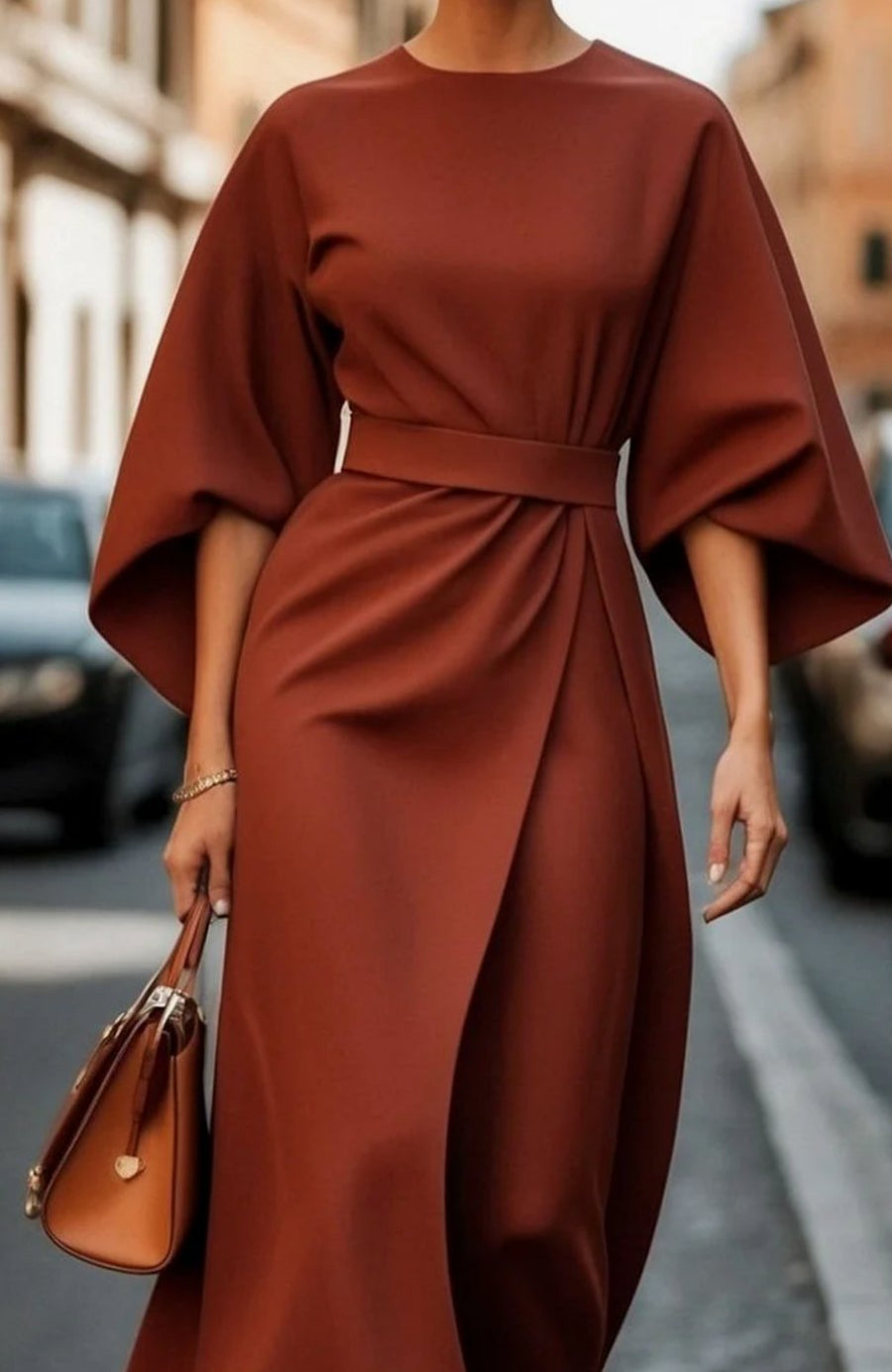 Florence | Women's Belted Kimono-Sleeve Midi Elegant Dress