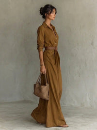 Ella | Women's Belted Maxi Long Sleeve Dress Shirt Collar Flowy