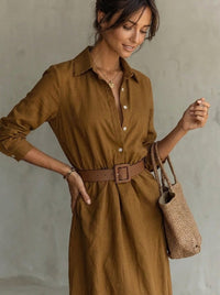 Ella | Women's Belted Maxi Long Sleeve Dress Shirt Collar Flowy
