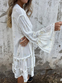 Olivia | Women's Boho Tiered Mini Dress Flared Sleeves Gold Accents V-Neck