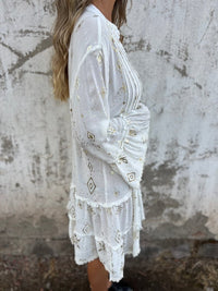 Olivia | Women's Boho Tiered Mini Dress Flared Sleeves Gold Accents V-Neck