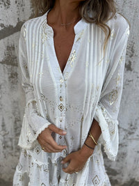 Olivia | Women's Boho Tiered Mini Dress Flared Sleeves Gold Accents V-Neck