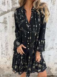 Olivia | Women's Boho Tiered Mini Dress Flared Sleeves Gold Accents V-Neck