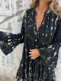 Olivia | Women's Boho Tiered Mini Dress Flared Sleeves Gold Accents V-Neck