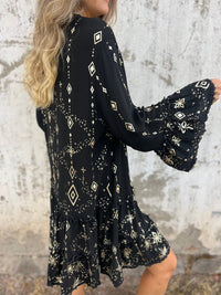Olivia | Women's Boho Tiered Mini Dress Flared Sleeves Gold Accents V-Neck