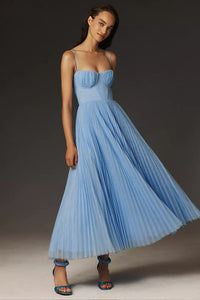 Olivia | Women's Corset-Bodice Pleated Tulle Midi Slip Dress